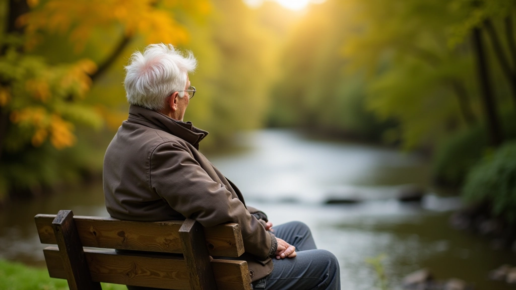 Person resting on a wooden bench overlooking the Nore River, peaceful woodland setting, afternoon sunlight filtering through trees