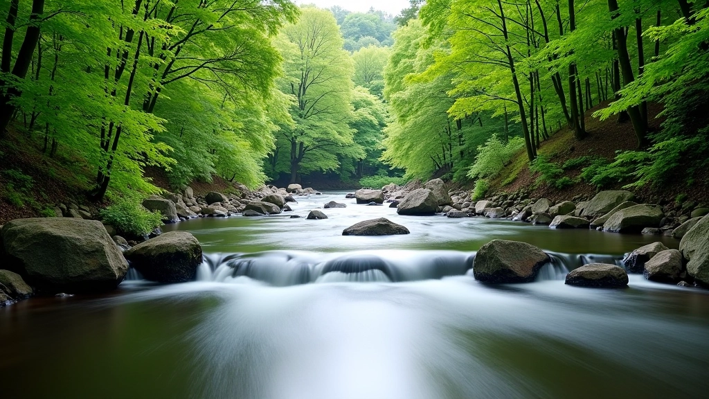 River Nore flowing gently through woodland valley with smooth stones and banks