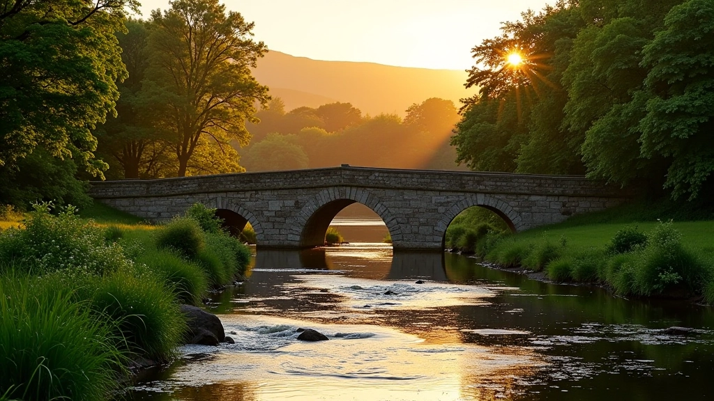 Scenic river weir with medieval bridge in golden evening light, water reflecting sky, lush green banks, peaceful countryside setting