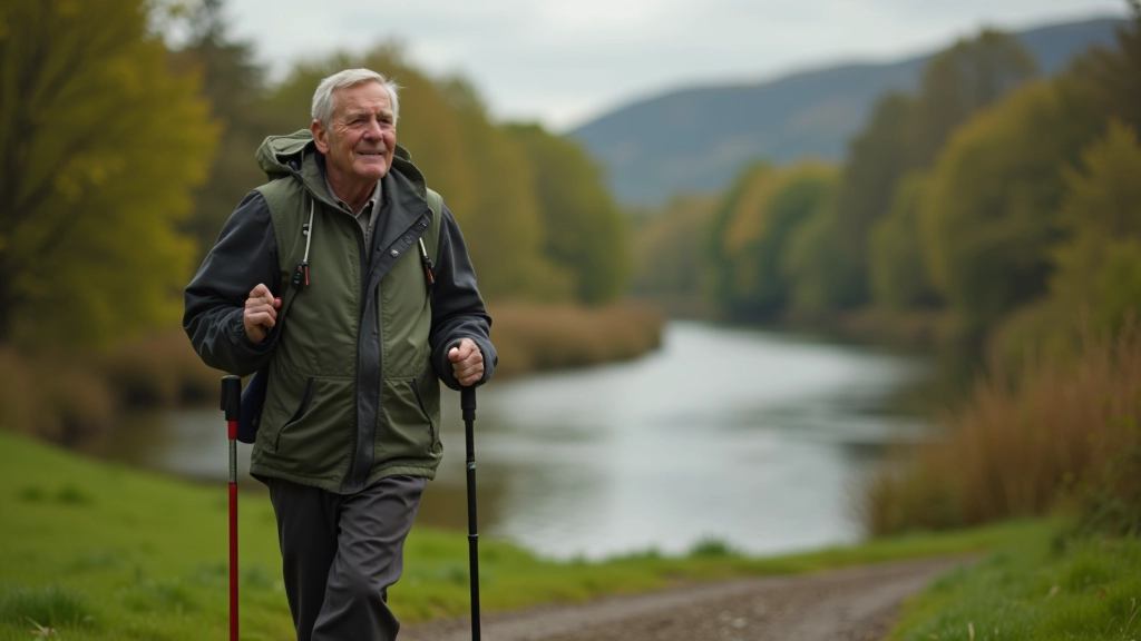 Senior adult with walking poles on trail, wearing comfortable outdoor clothing against scenic landscape