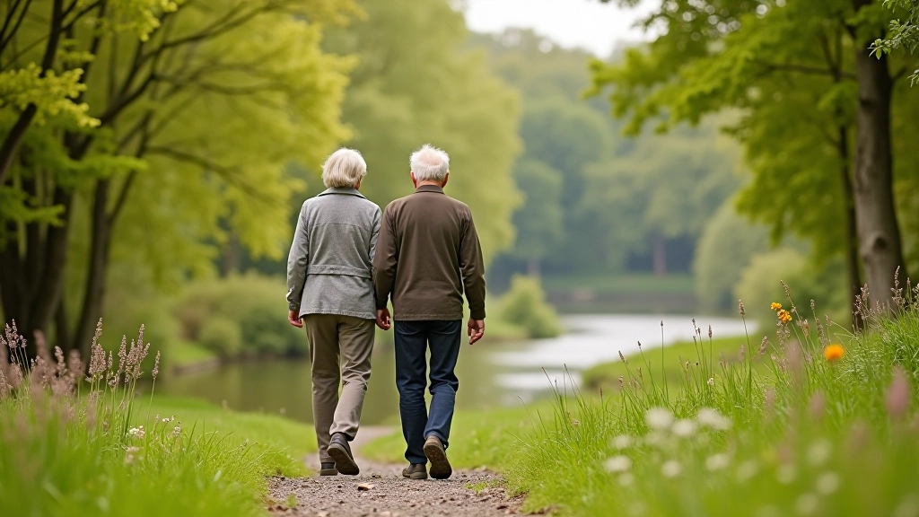 Senior couple walking on scenic trail in Kilkenny countryside with trees and water in background