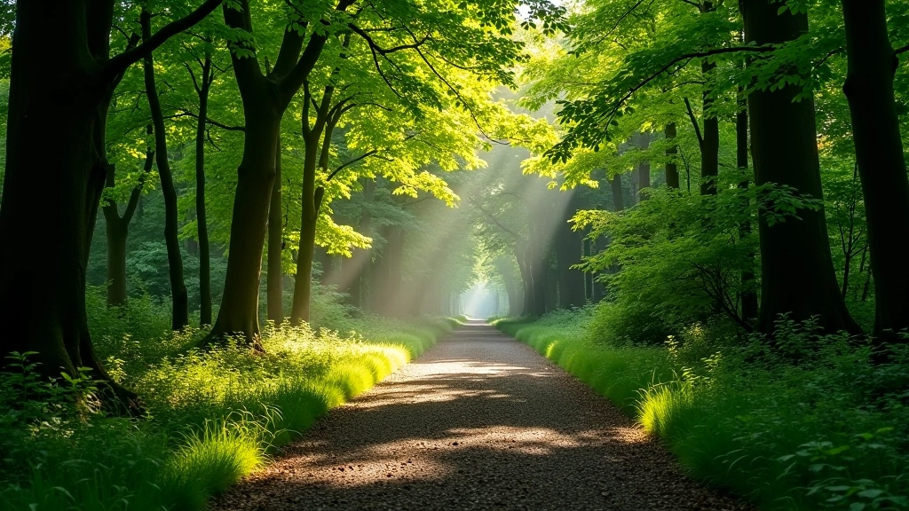 Shaded woodland path with dappled sunlight, birds visible in trees, natural forest floor, peaceful atmosphere, green foliage overhead