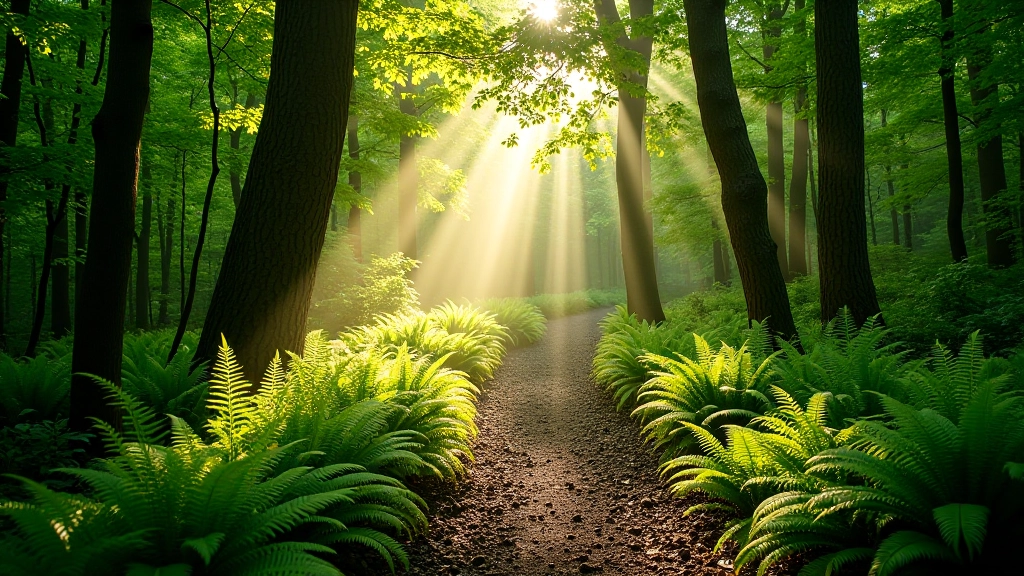 Sunlight filtering through dense green forest canopy with winding trail path and ferns