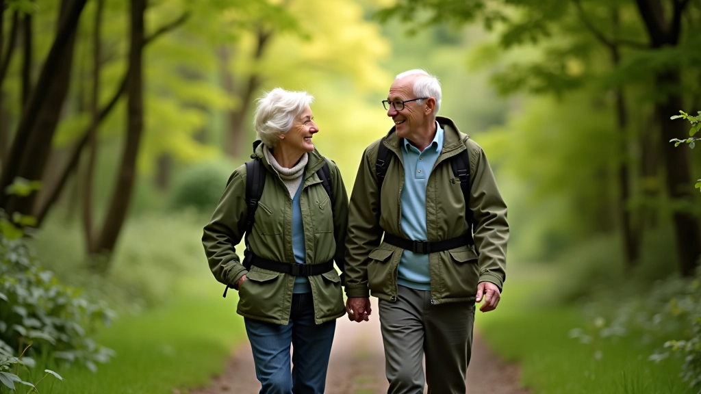 Two seniors walking together on tree-lined trail, smiling and enjoying conversation, scenic countryside backdrop