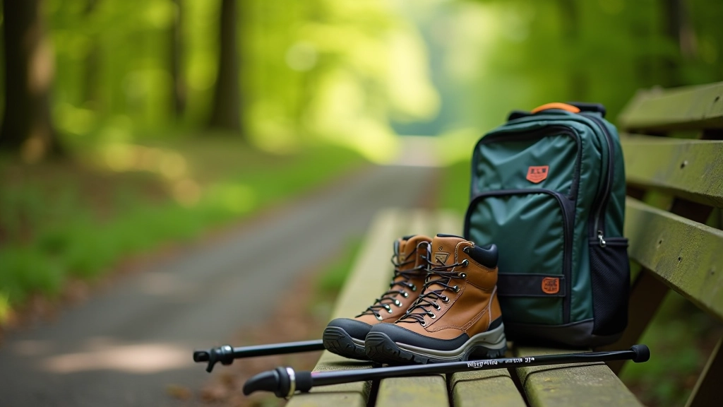 Walking poles leaning against outdoor bench with hiking boots and rucksack nearby on forest path