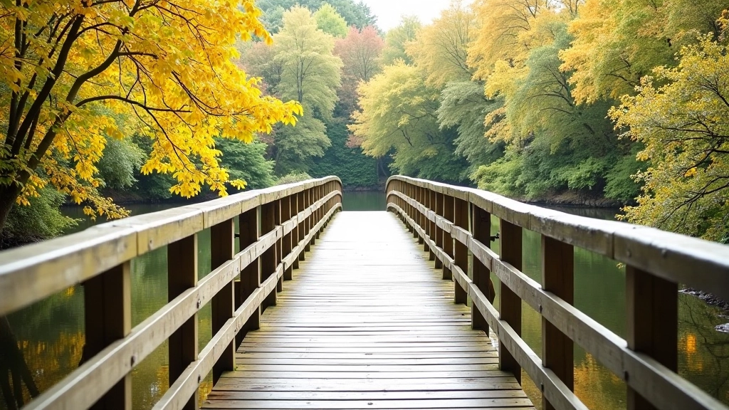 Wooden footbridge crossing the river with handrails, surrounded by autumn foliage and calm water below
